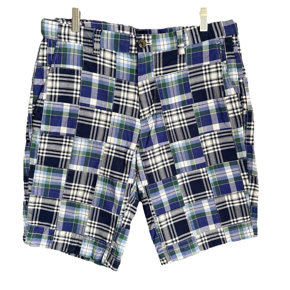 Brooks Brothers Men Patchwork Madras Plaid Shorts 32 Cotton Blue Green Preppy